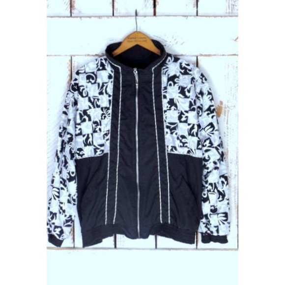 Vintage 90s black and white graphic floral print windbreaker jacket - Picture 2 of 7